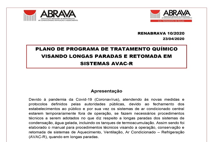 ABRAVA publica RENABRAVA 10 – Plano de Tratamento Químico Visando Longas Paradas e Retomadas em Sistemas AVAC-R