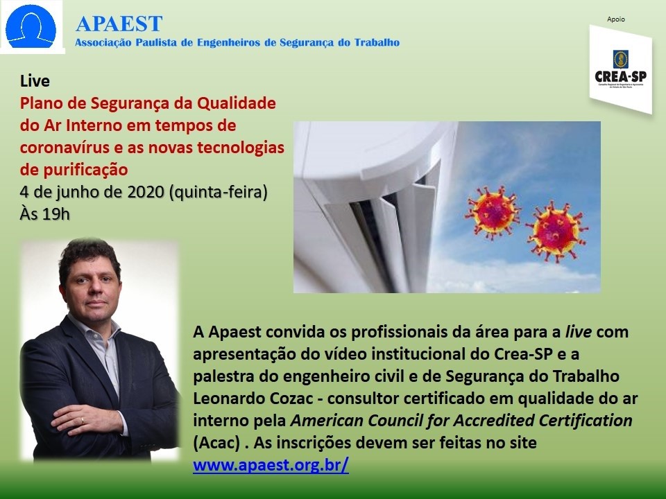 LIVE Apaest 04 de junho com Eng Leonardo Cozac ” Qualidade do ar interno em tempos de coronavírus e as novas tecnologias de purificação”