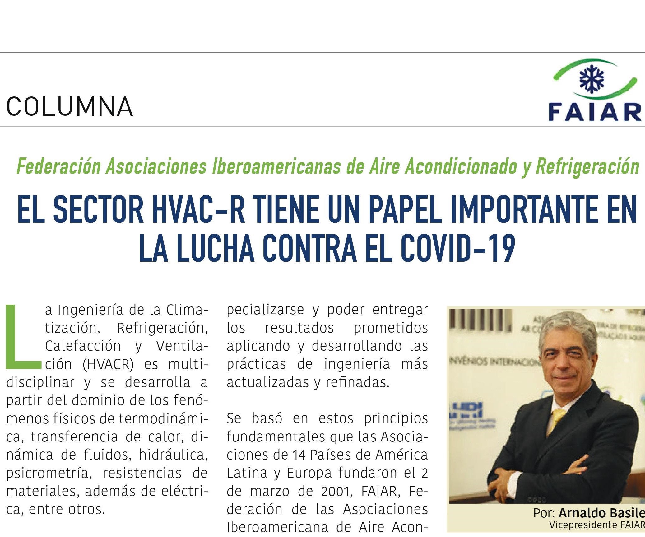 Artigo – El sector HVAC-R tiene un papel importante en la lucha contra el COVID19 por Arnaldo Basile para FAIAR